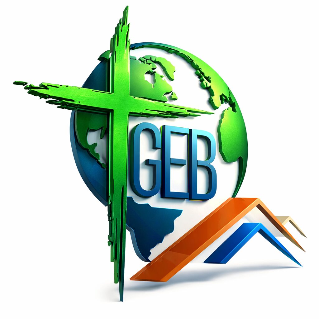 Globe with green landmasses, blue oceans, a green cross, and orange and blue roof shapes, with the letters GCB.