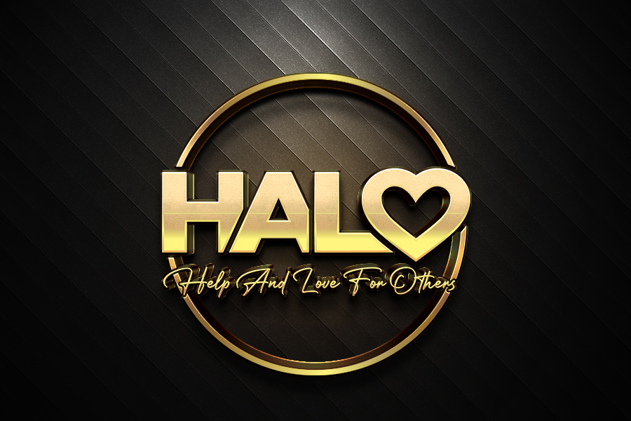 Gold circular logo with the word 'HALO' and a heart symbol, with the phrase 'Help And Love For Others' below.