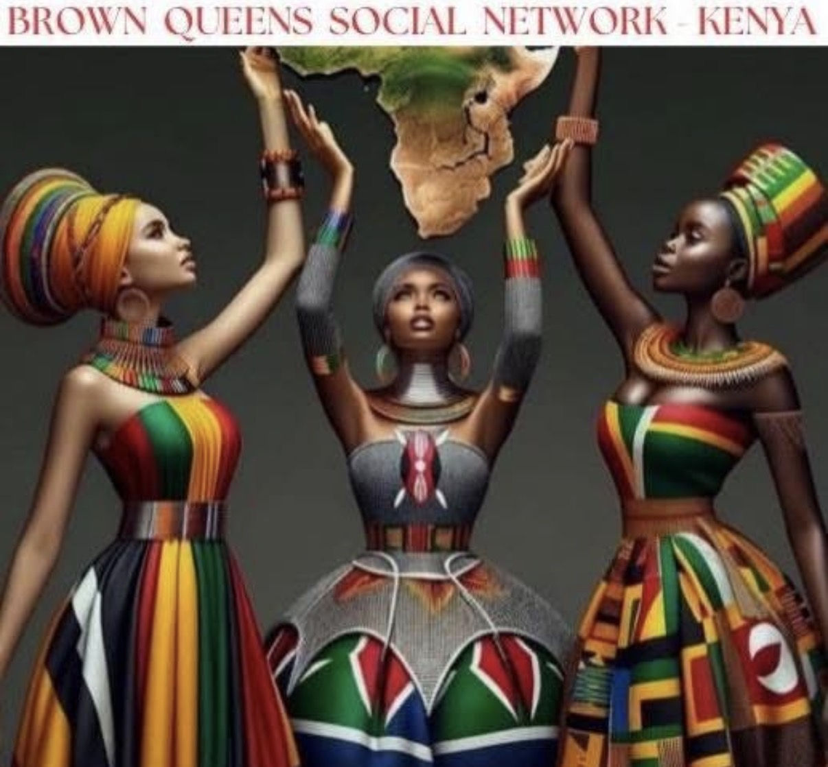 Three women in colorful traditional African attire and headpieces, holding a piece of land above their heads.