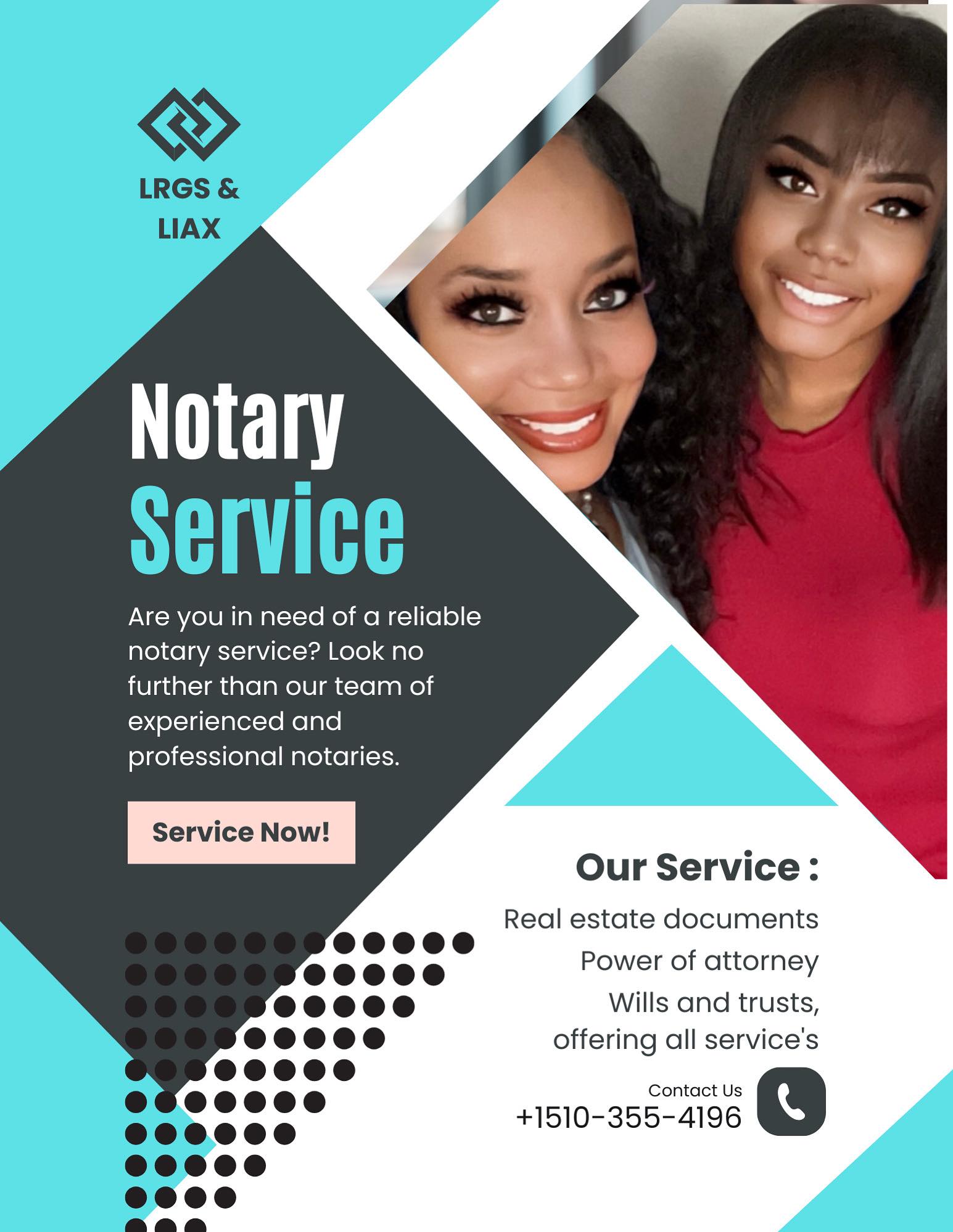 Two smiling women with dark hair and makeup, one in a pink top, in a promotional flyer for notary services.