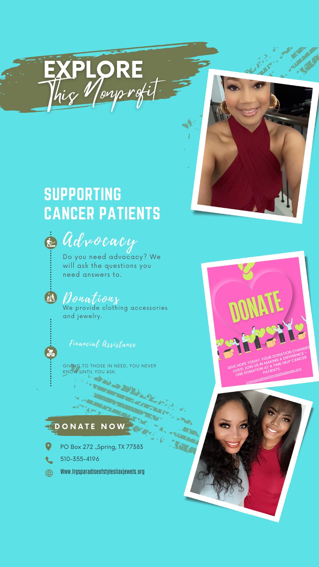 Support for cancer patients with photos of two women and a donation sign on a blue background.