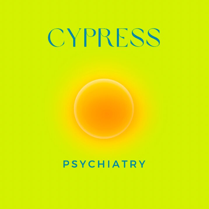 Bright yellow-green background with a central orange circle and blue text reading 'CYPRESS' and 'PSYCHIATRY'.