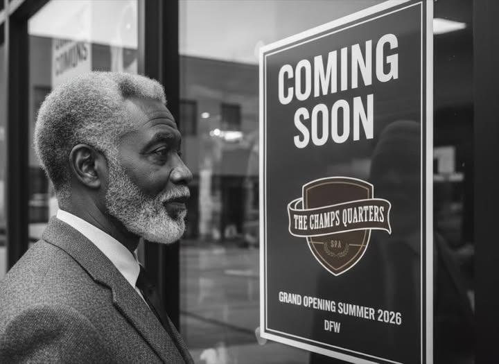 Older man with gray hair and beard looking at a sign that says 'Coming Soon' and 'Grand Opening Summer 2026'.