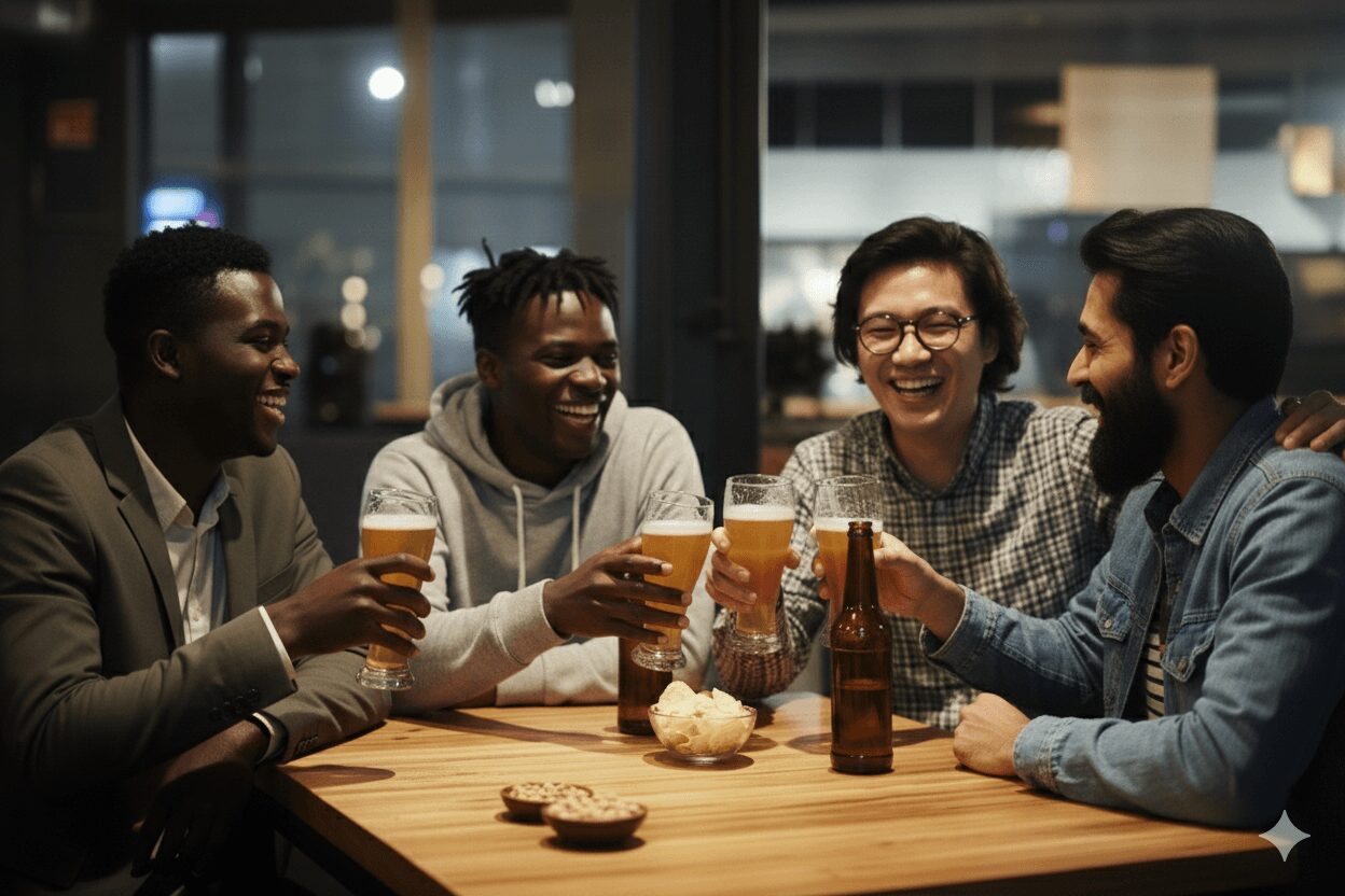 Five people sitting around a table, smiling, holding drinks, in a social setting.
