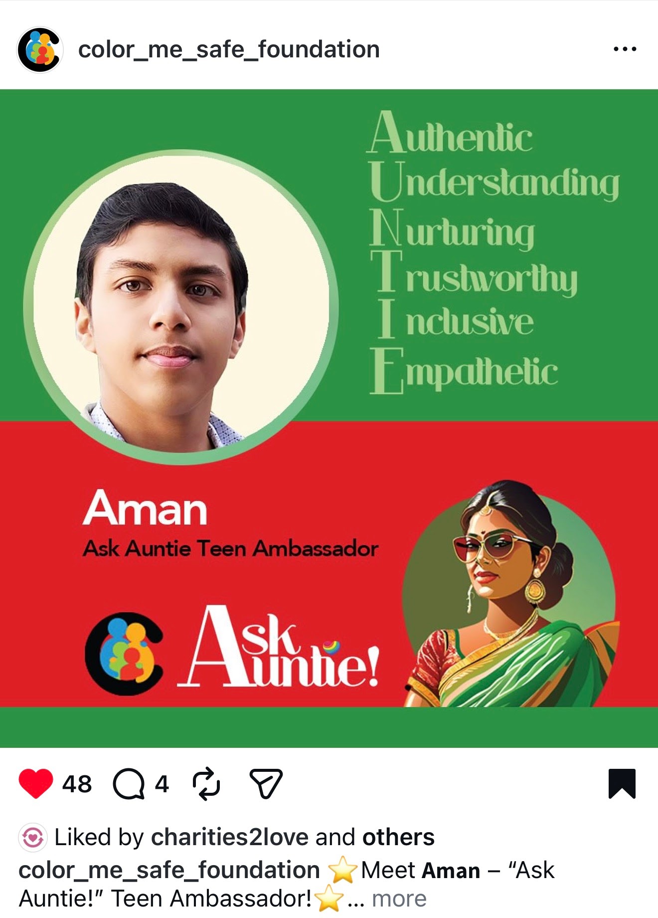 Portrait of a young man with short black hair, smiling, in a circular frame on a green background with text. A woman in traditional attire and sunglasses is in a smaller circle below. Red and green backgrounds with text and logos.