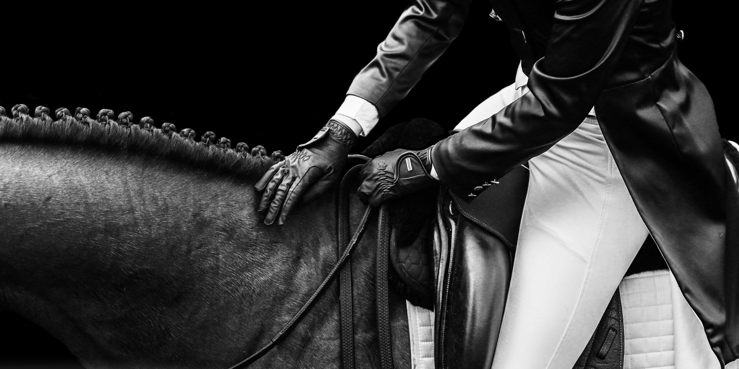 Person riding a horse, wearing riding attire, black gloves, and holding reins, with a dark background.