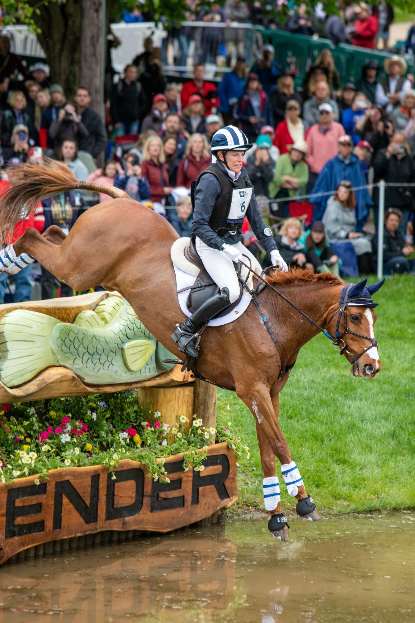 Horse and rider jumping over obstacle with crowd watching in background.