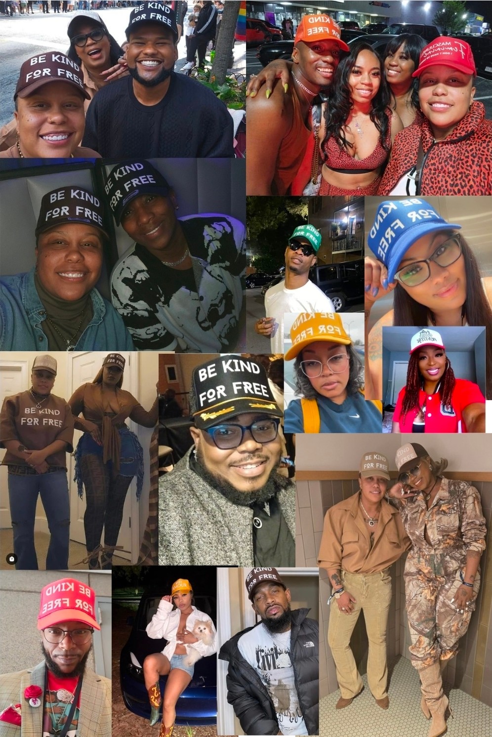 Group of people smiling, wearing hats and casual clothing, posing outdoors and indoors in various settings.