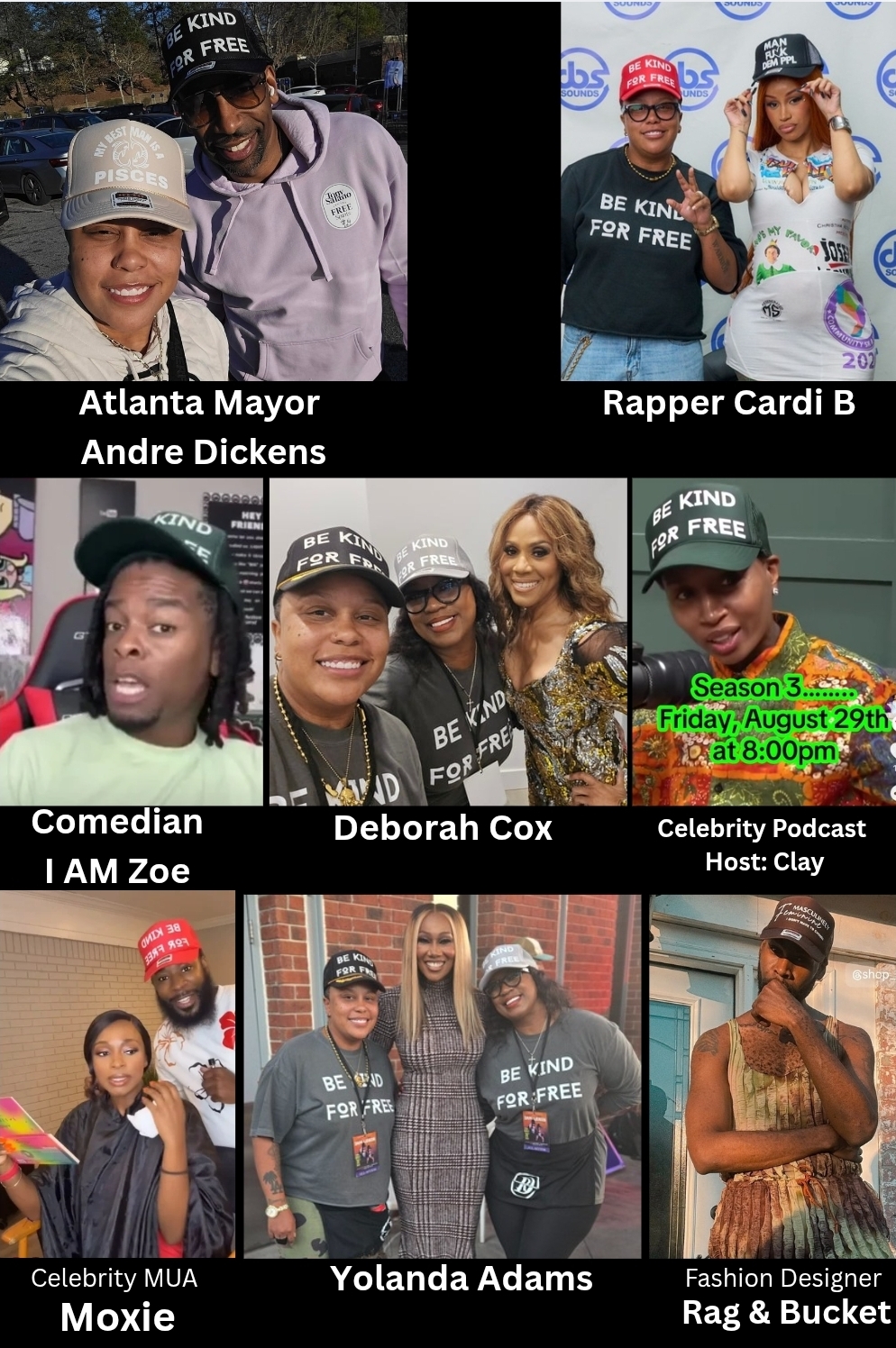 Collage of eight people, some wearing hats and casual clothing, posing in various settings.