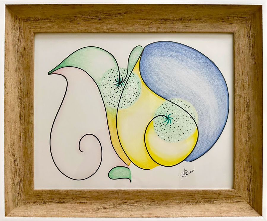Abstract floral artwork with curved shapes and colors, framed in wood, featuring green, yellow, blue, and black accents.