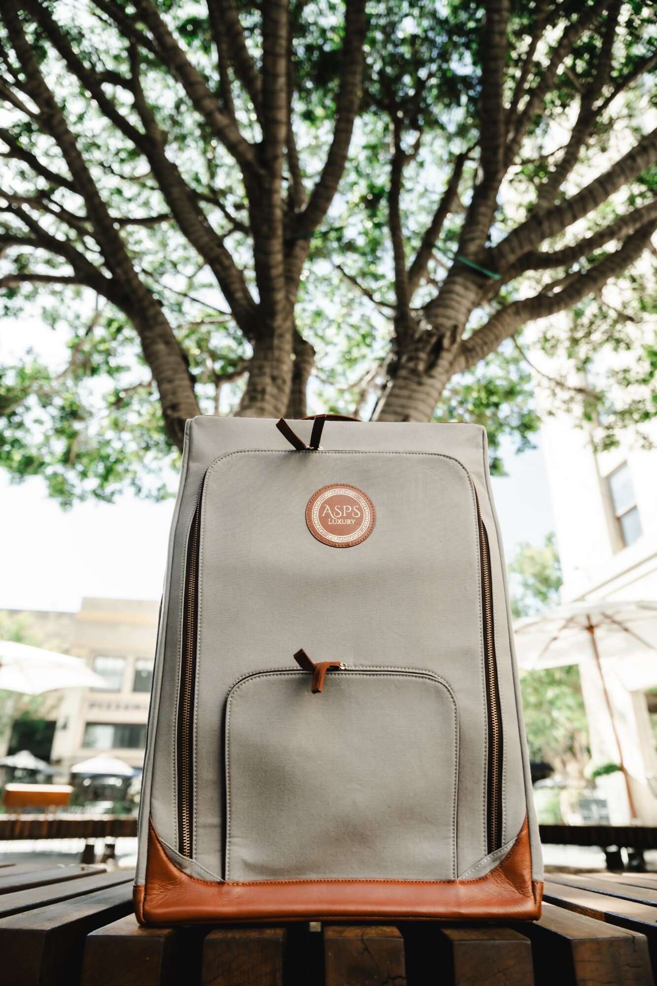 Gray backpack with brown bottom, hanging outdoors with a large tree and buildings in background.