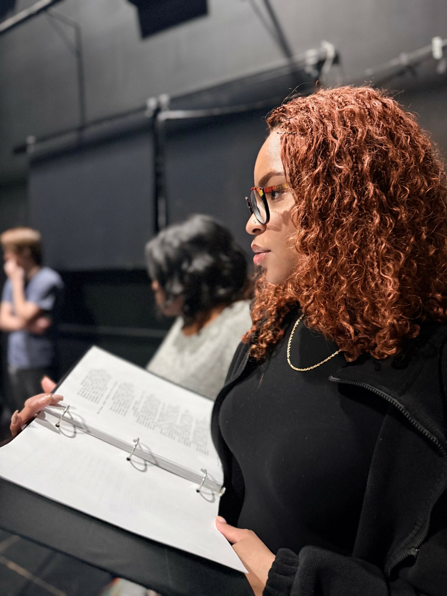 Woman with curly hair and glasses looking at a binder with papers, in a room with other people.