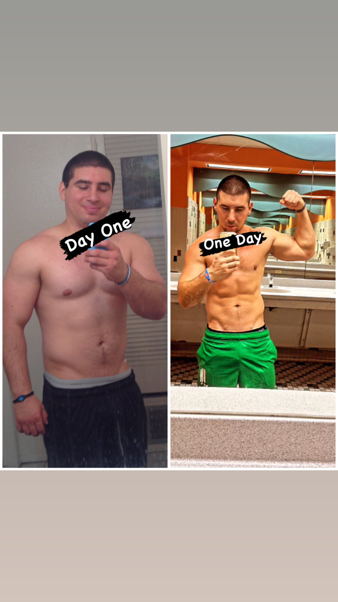 Side-by-side comparison of a shirtless man before and after one day of exercise, showing muscle changes.