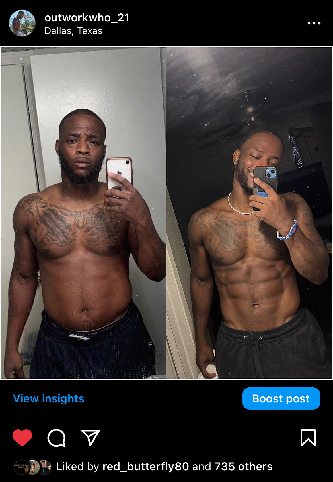 Side-by-side photos of a shirtless man with tattoos, taking mirror selfies in different lighting conditions.
