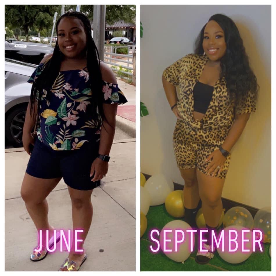 Two women in different outfits, one outdoors and one indoors, smiling in casual poses, with text indicating months June and September.