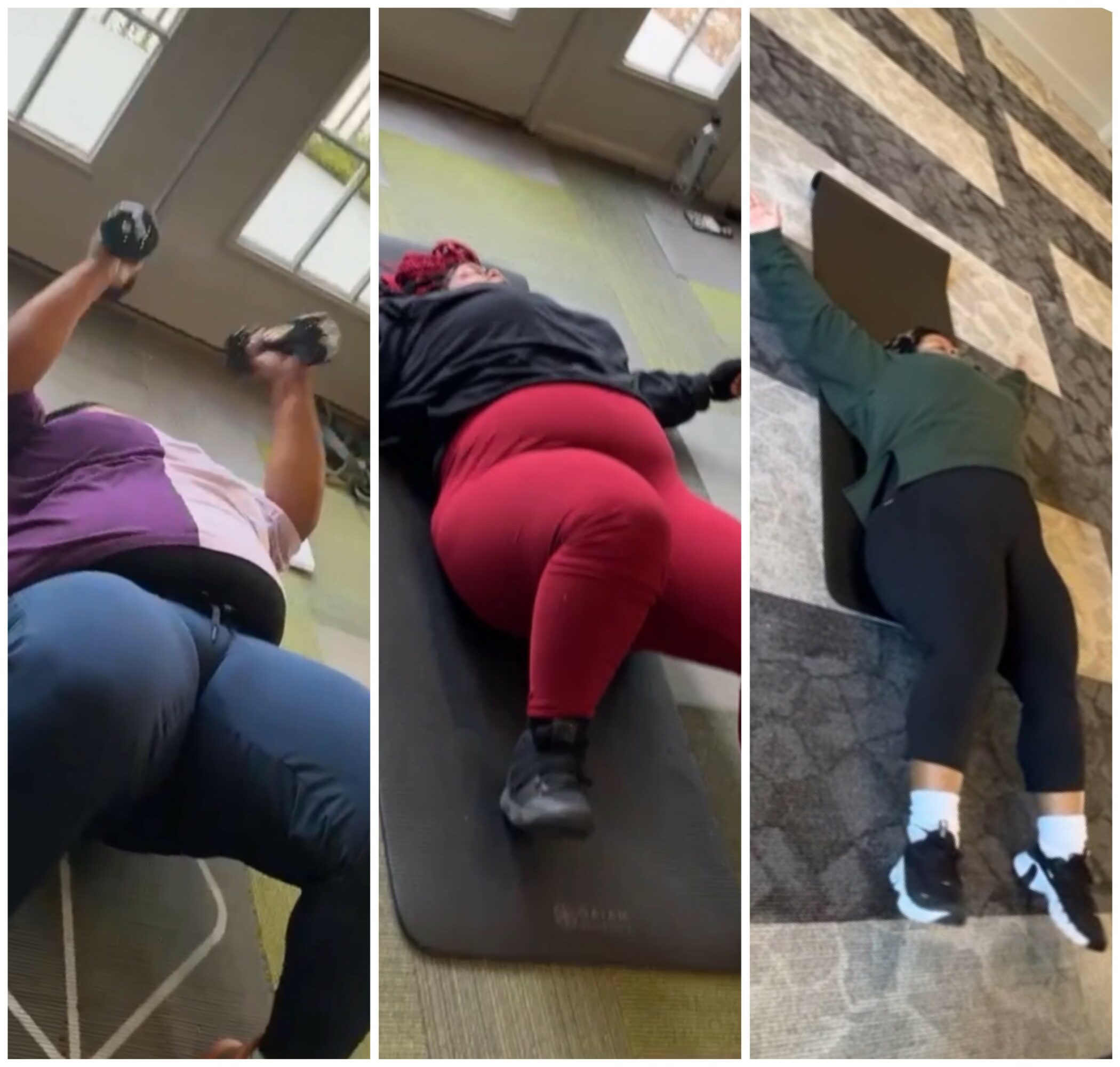 Three people lying on the floor in different locations, each in a stretching or exercise position.