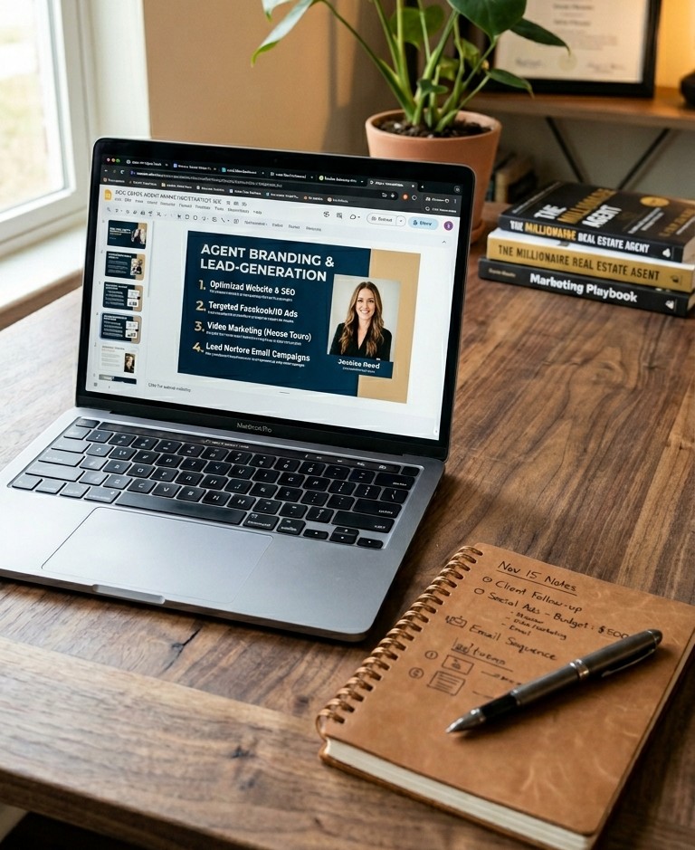Open laptop displaying a presentation slide titled 'Agent Branding & Lead Generation' on a wooden desk with a notebook and pen, plant, and books nearby.