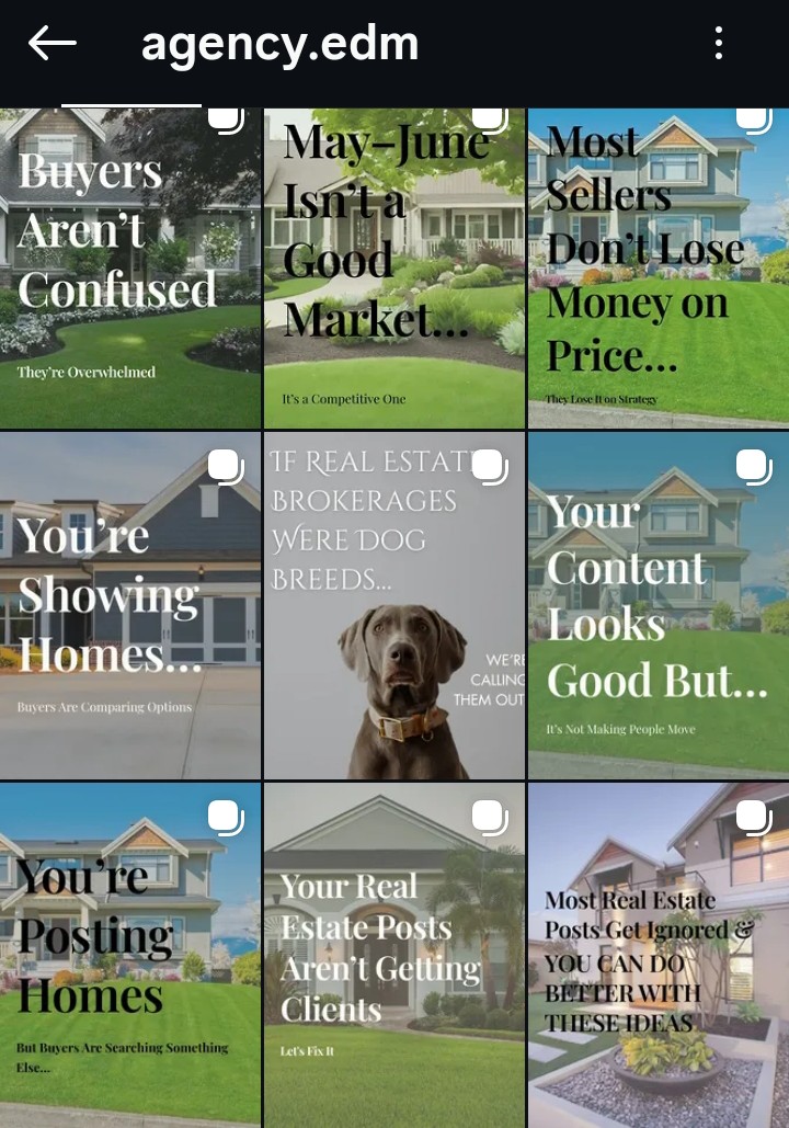Multiple real estate advertisements with houses, a dog, and text about market and selling homes.