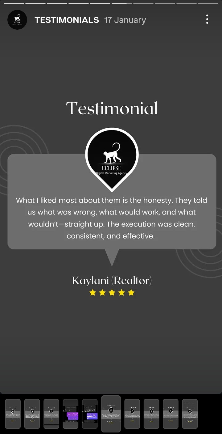 Testimonial with a logo, quote, and five-star rating on a dark background.