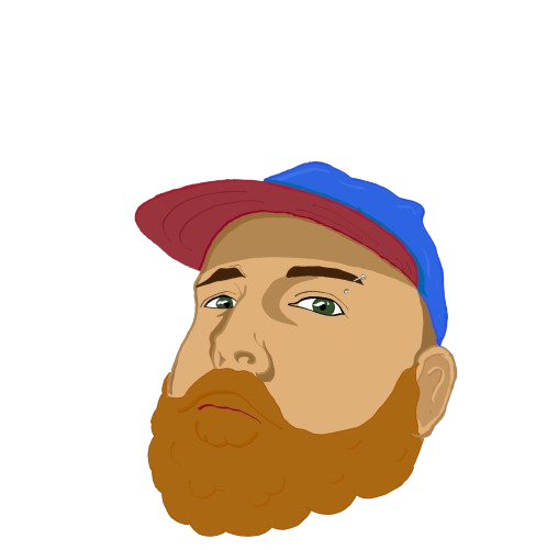 Cartoon portrait of a person with a red beard, wearing a blue and red cap, against a black background.