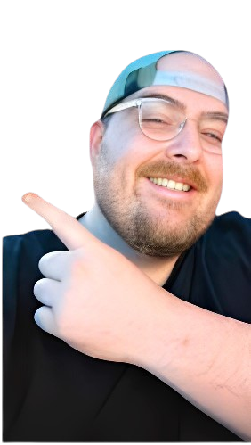 Person smiling, wearing glasses and a cap, pointing to the left, with a black background.