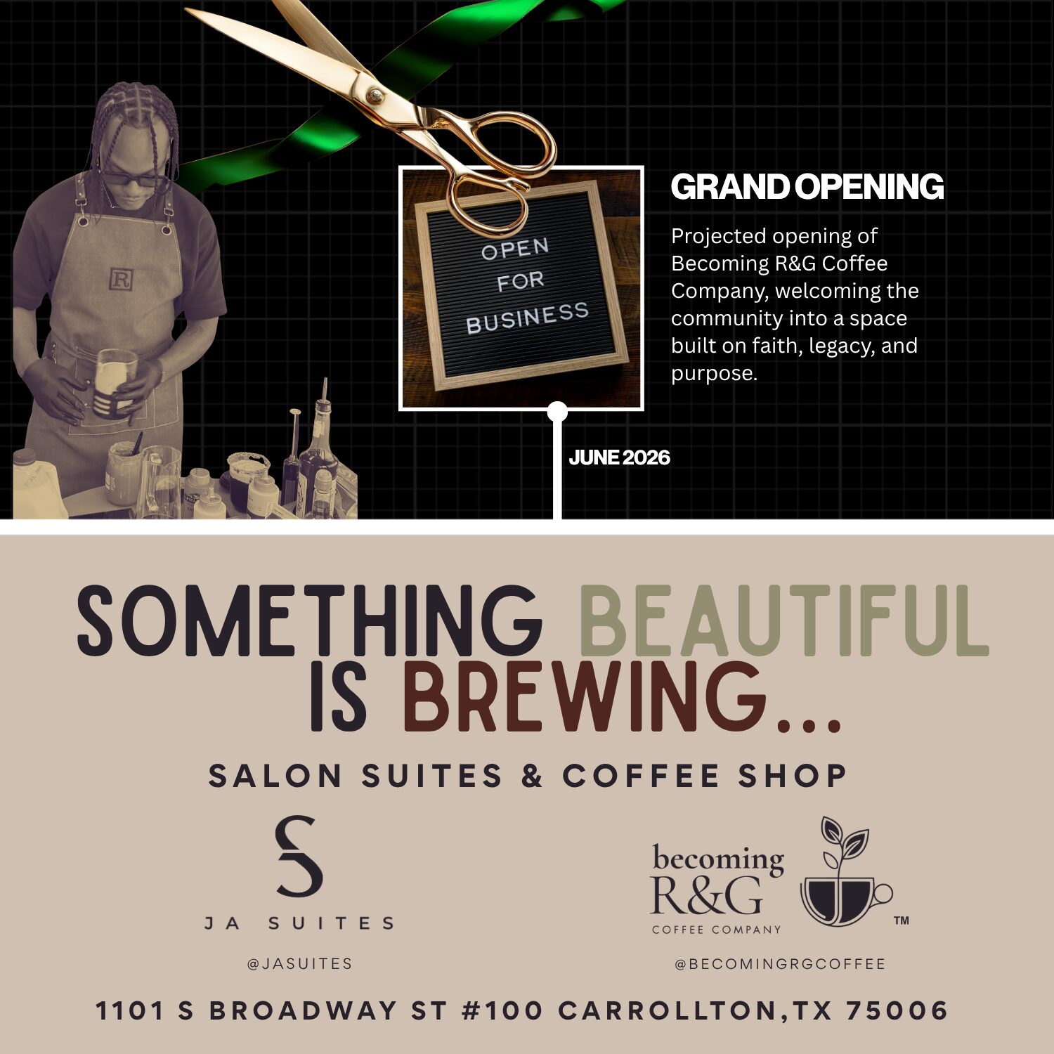 Opening event for a coffee shop with a person, scissors, and a sign, promoting a grand opening in June 2026.