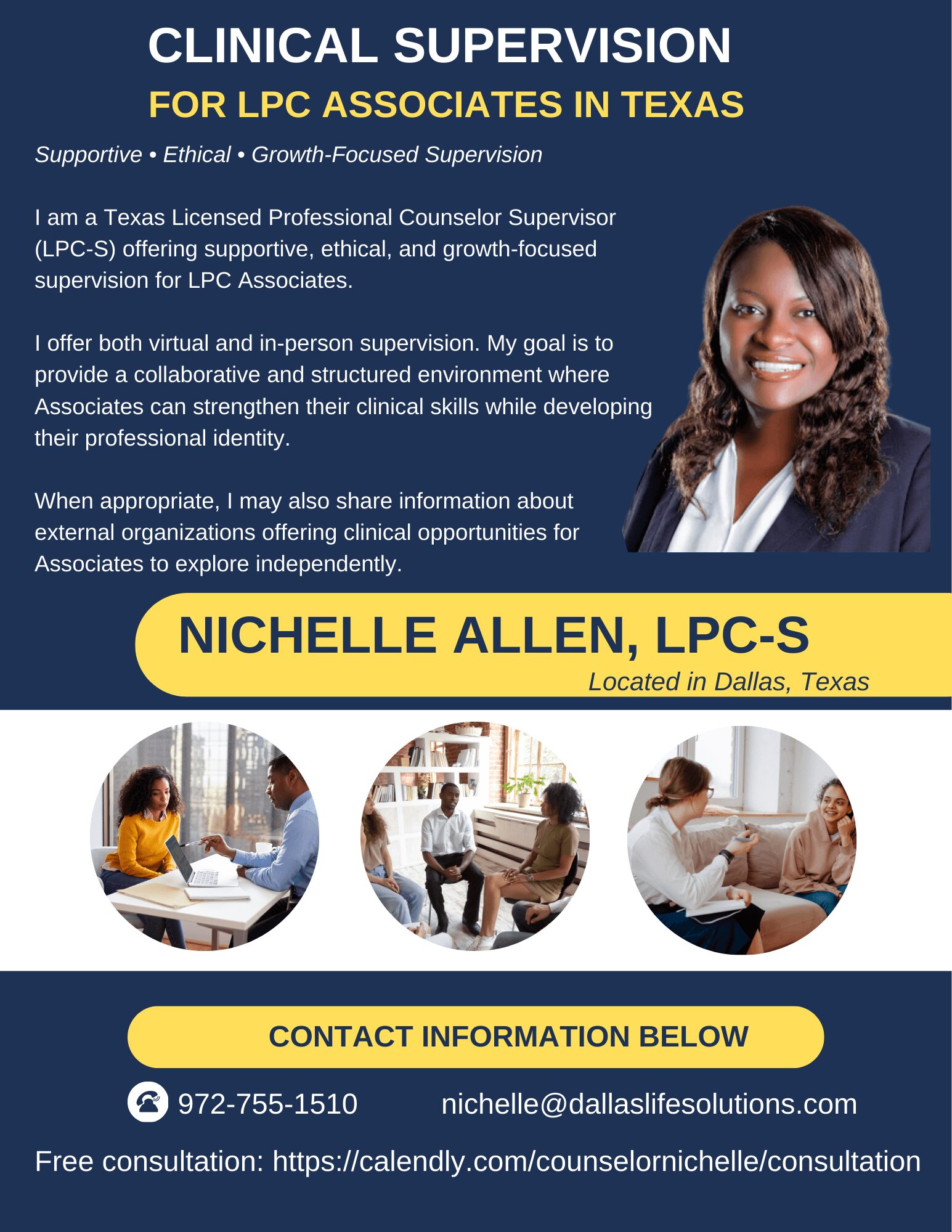 Information about LPC supervisor Nichelle Allen with three images of people working at desks.