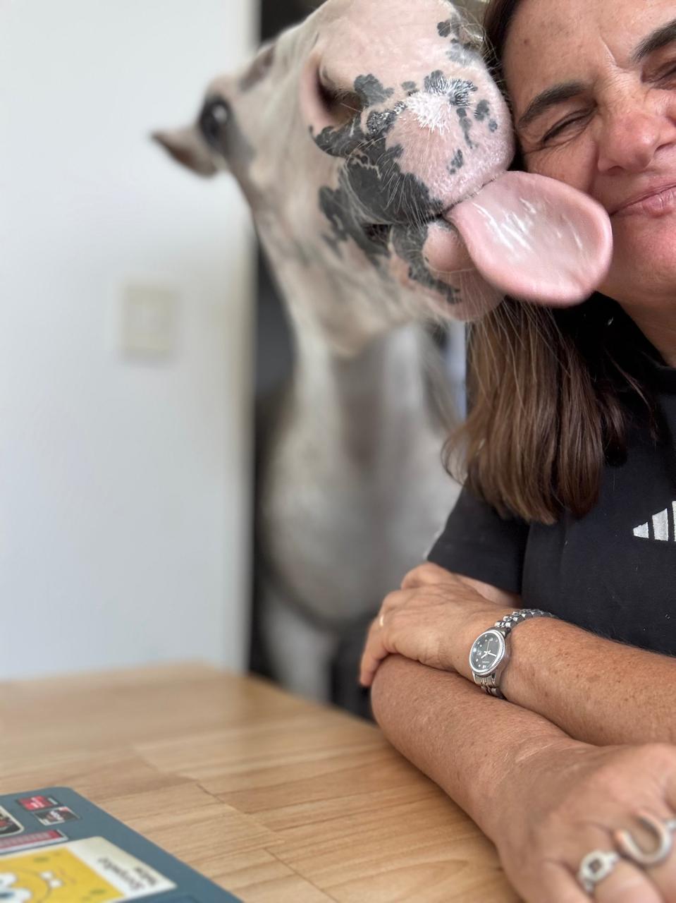 Person with long hair and a watch on their wrist is smiling with a horse licking their face.