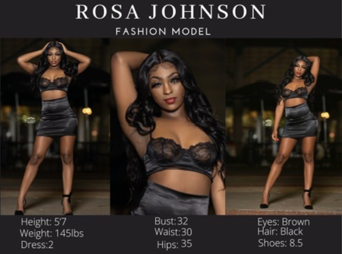 Three photos of a woman with long black hair, wearing black lace top and skirt, posing indoors at night.