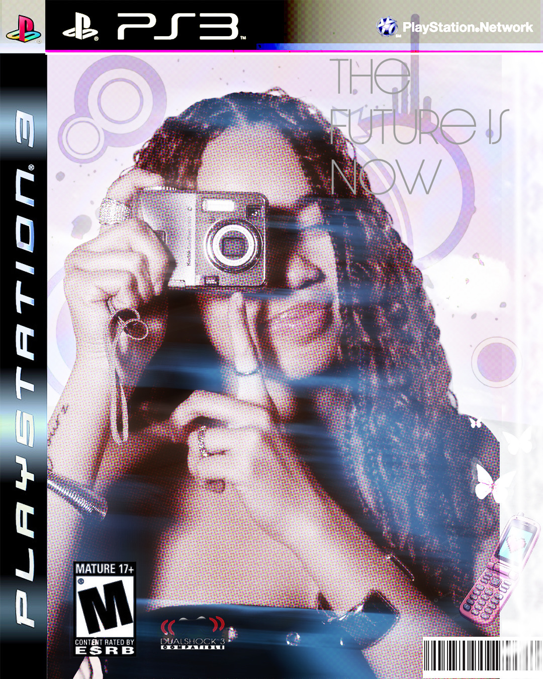 Woman with curly hair taking a photo with a camera, smiling, with a PlayStation 3 game cover background.
