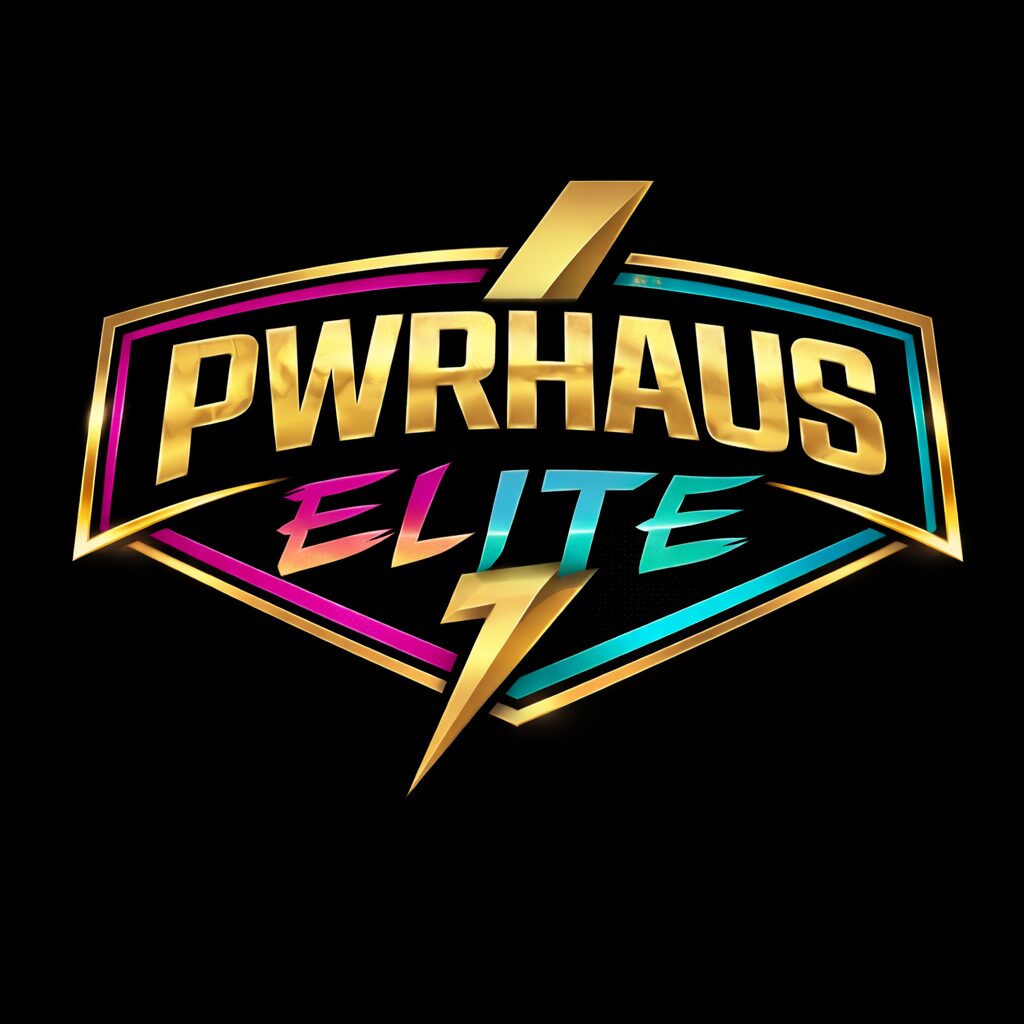 Colorful logo with gold, pink, and blue text and a lightning bolt on a black background.