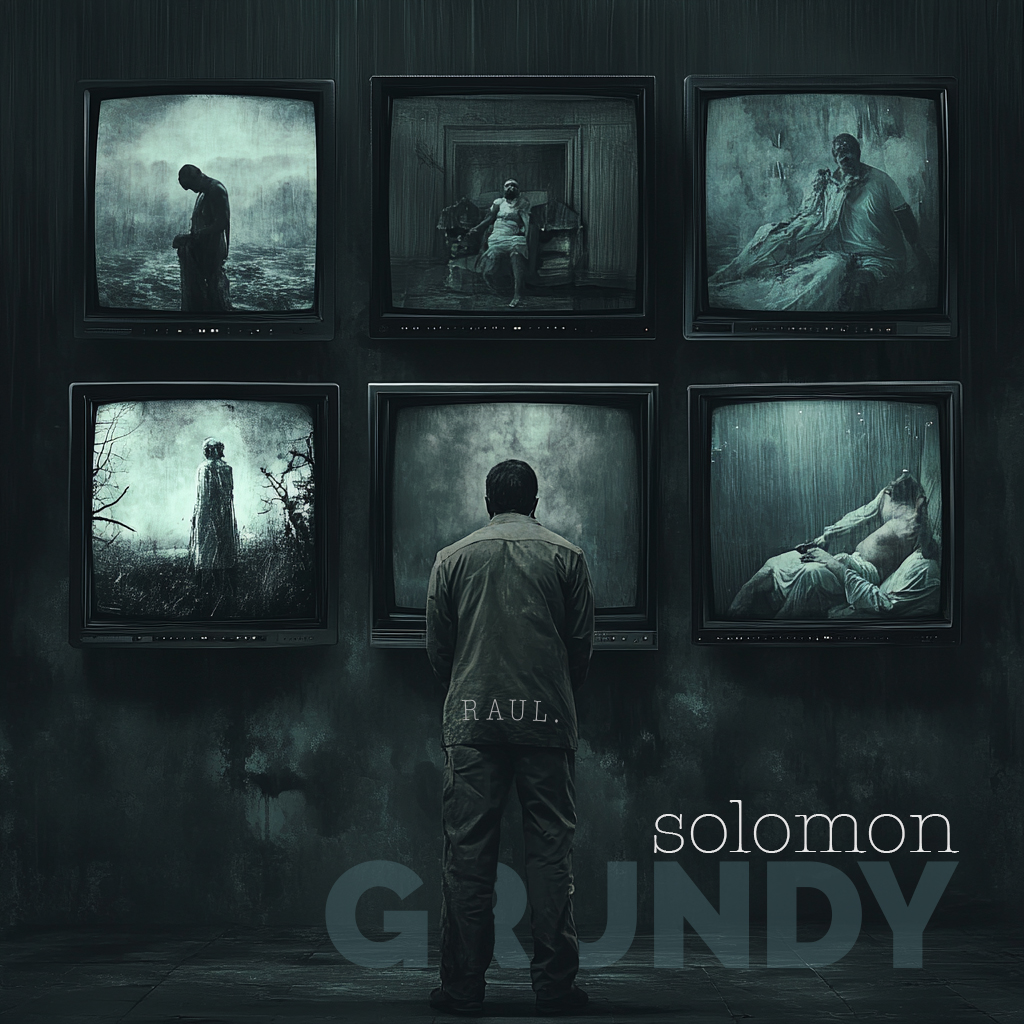 Person standing in front of six framed images on a dark wall, with text 'solomon GUNDY' at the bottom.