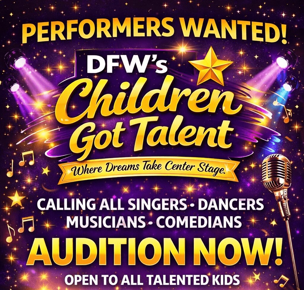 Bright poster with stars, microphone, and musical notes, calling performers for children's talent show audition.