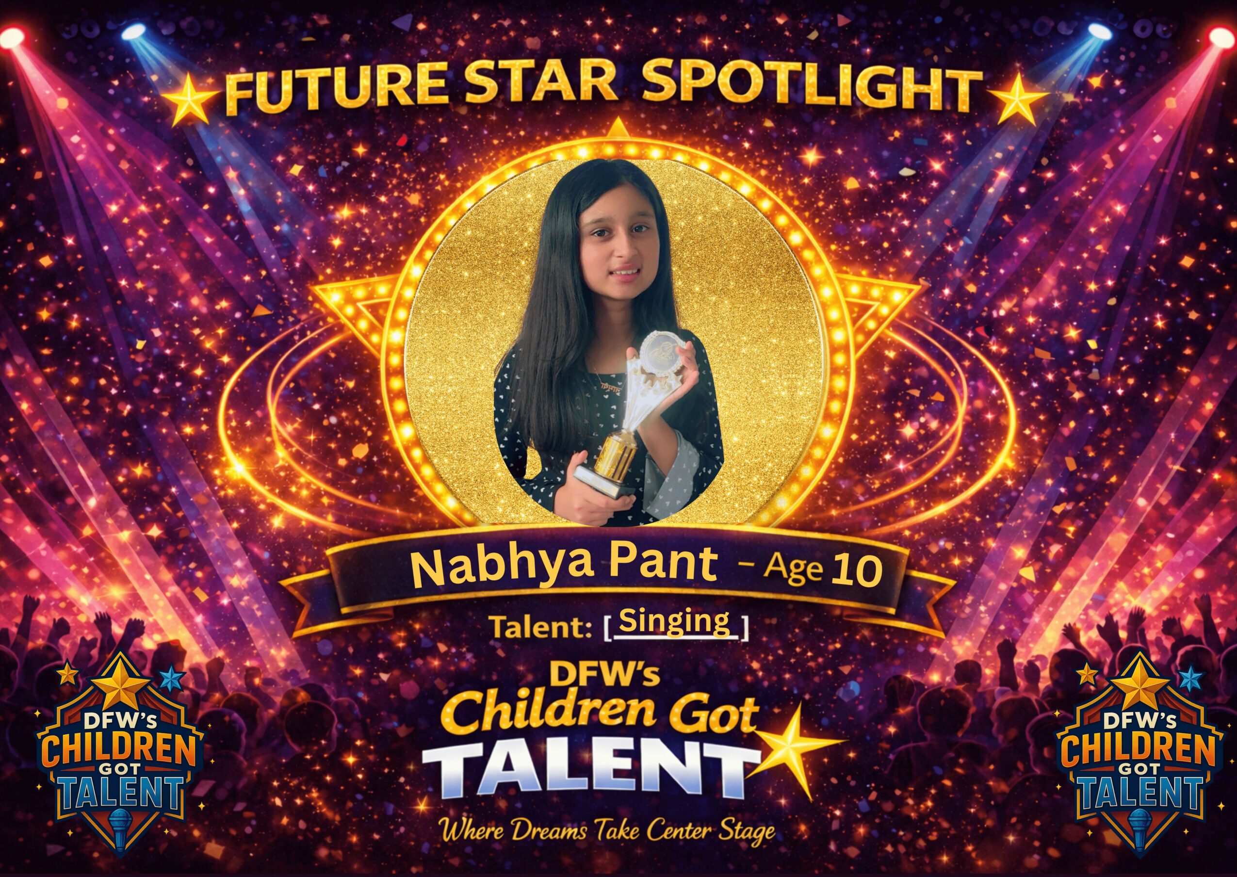 Young girl holding a trophy, surrounded by colorful stage lights and stars, with text about her talent and age.