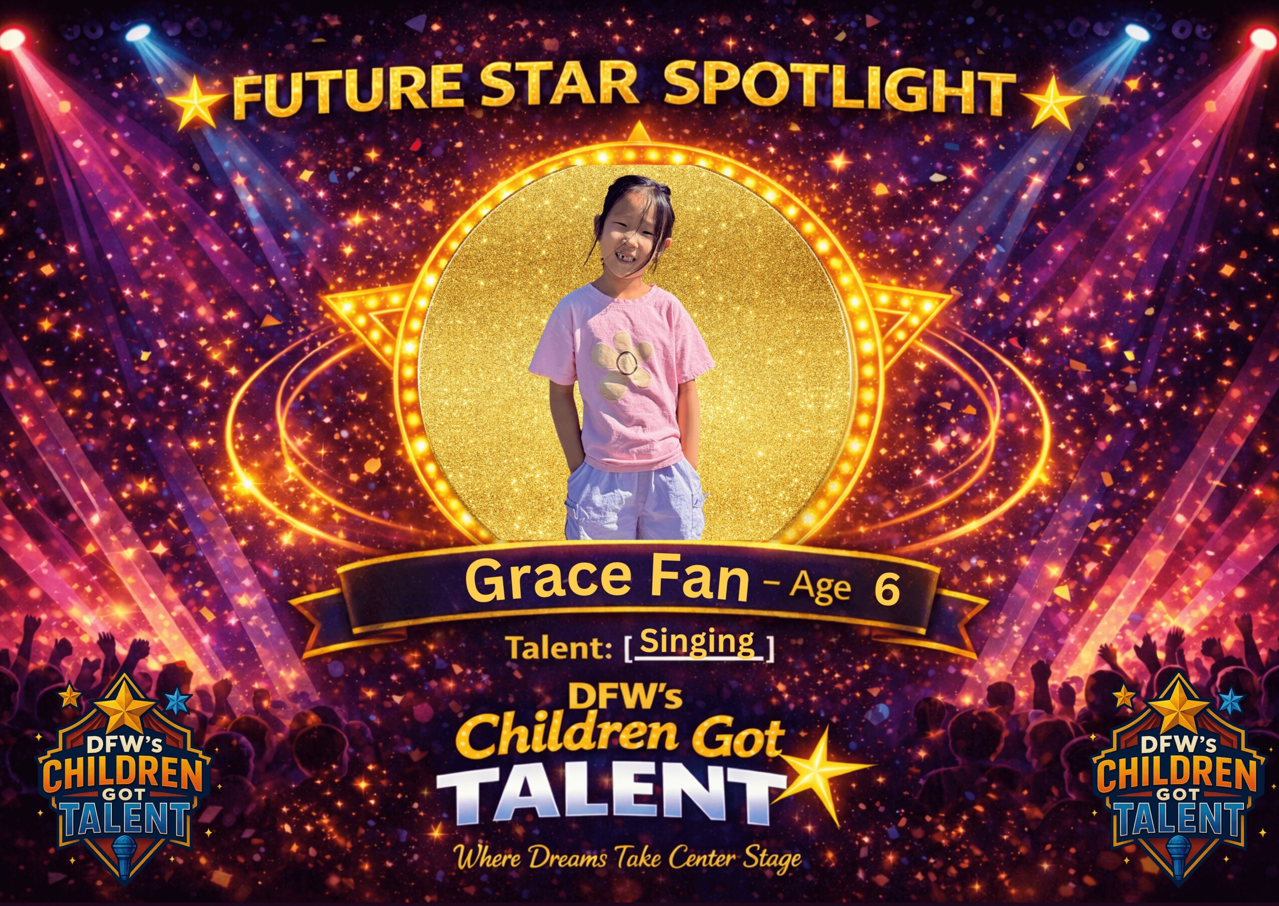 Child standing on stage with colorful starry background, surrounded by golden rings, smiling, wearing pink shirt and blue jeans.
