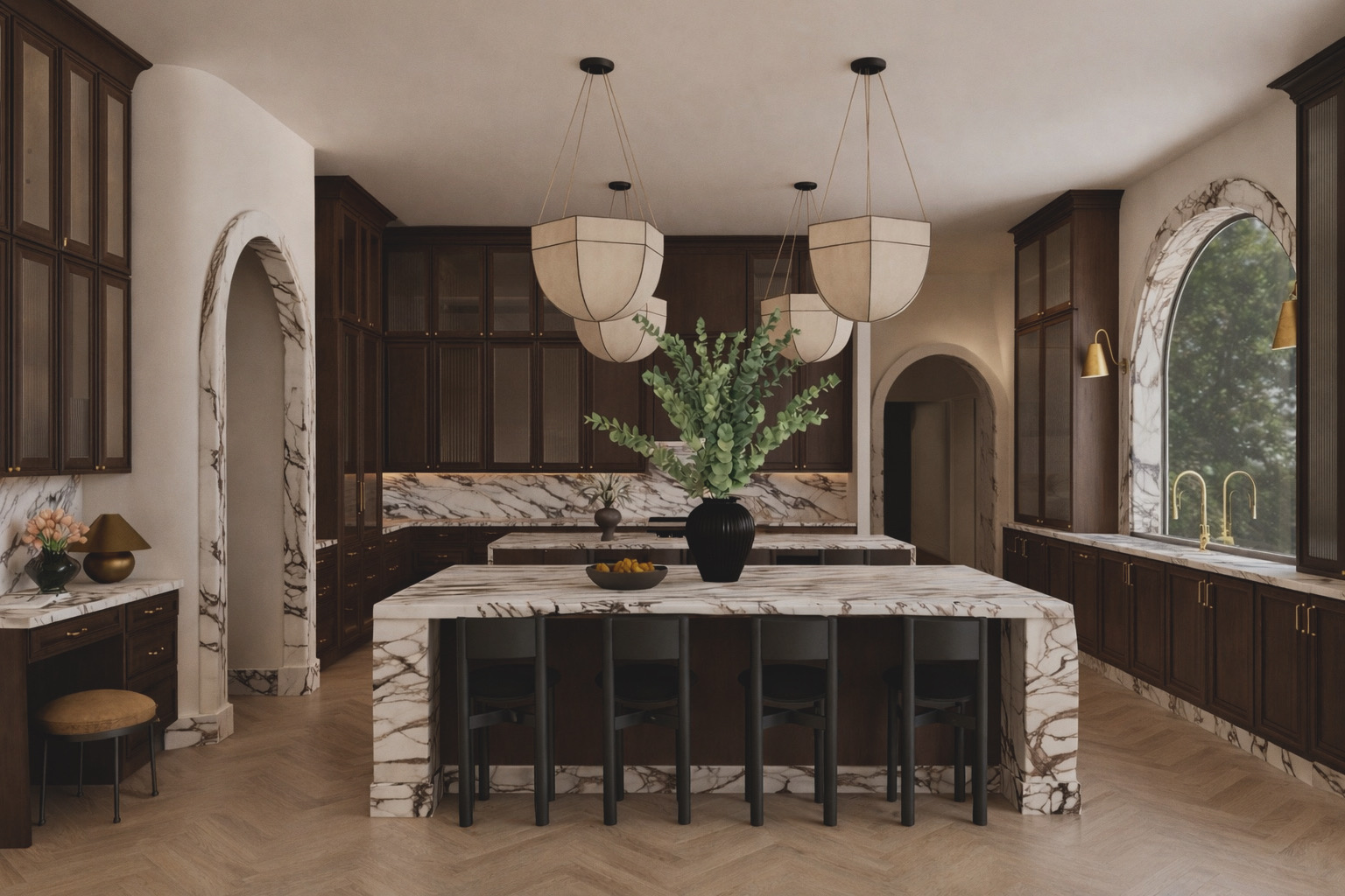 Kitchen with marble island, dark wooden cabinets, large window, and hanging pendant lights, with a vase of greenery on the island.