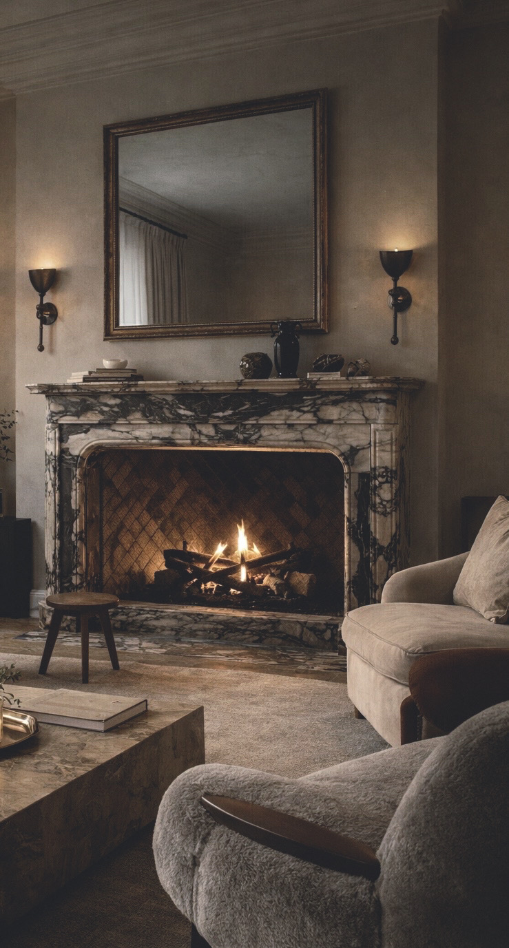Living room with fireplace, mirror above, two wall sconces, armchair, and sofa, warm lighting, cozy atmosphere.