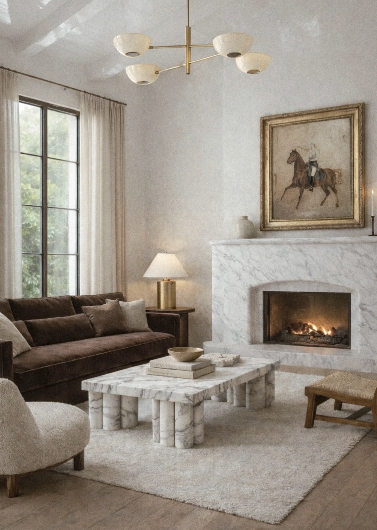 Living room with a brown sofa, marble fireplace, framed horse painting, and large window with curtains.