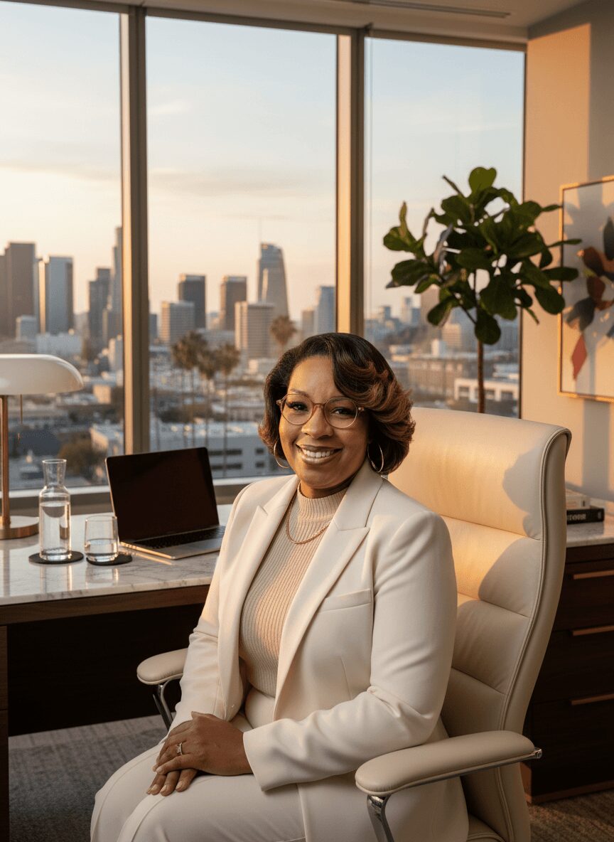 Woman smiling in a white blazer sitting in an office with large windows and city view.
