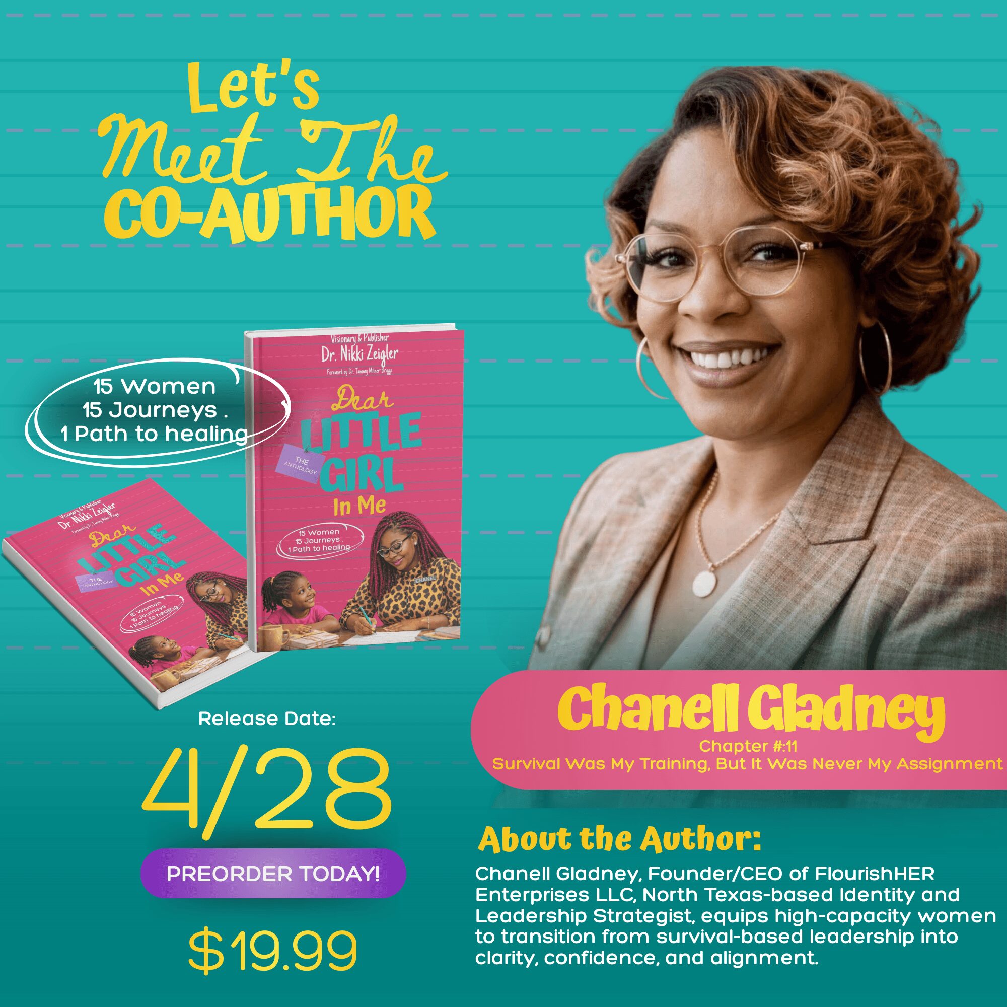 Smiling woman with glasses and curly hair in a beige blazer, promotional book display background, bright colors.