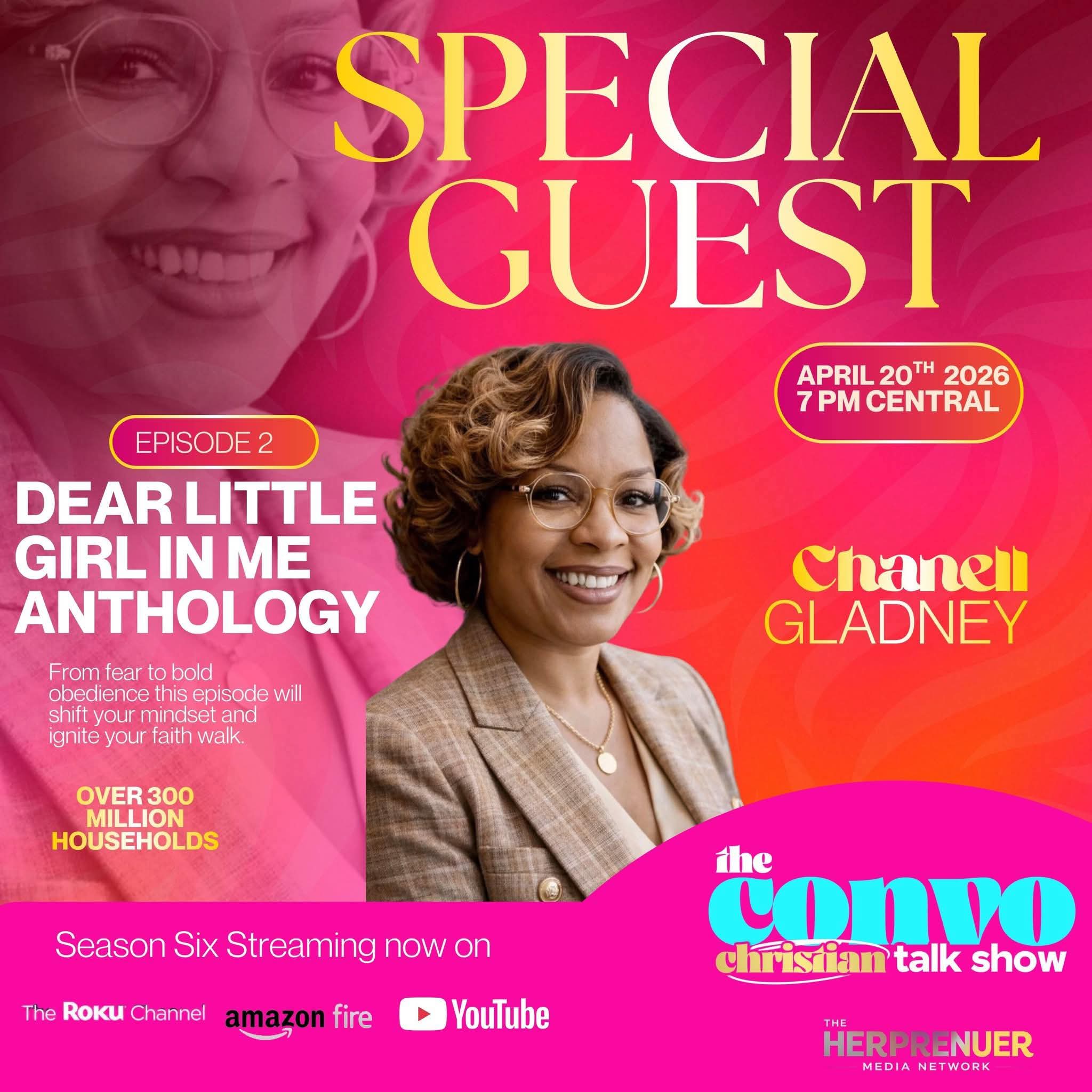 Promotional poster for a talk show featuring a woman with glasses and curly hair, pink and orange background, event details.