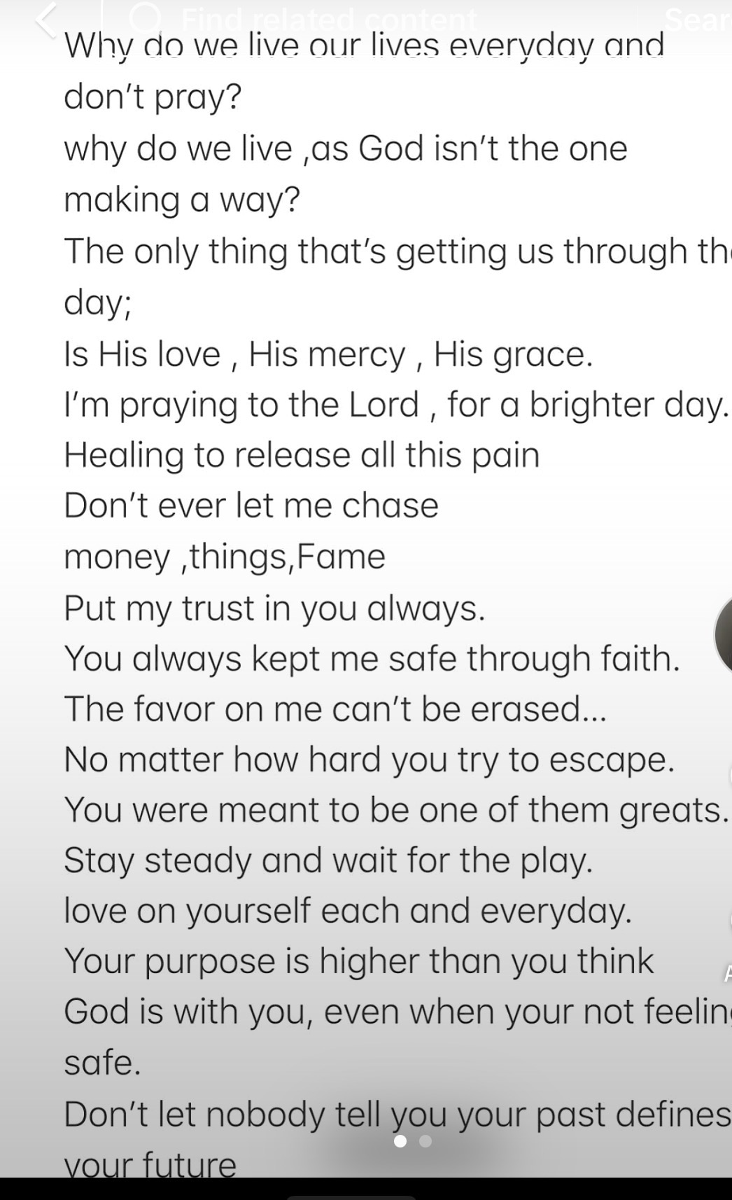 Text-based image with a motivational message about faith, love, and perseverance.