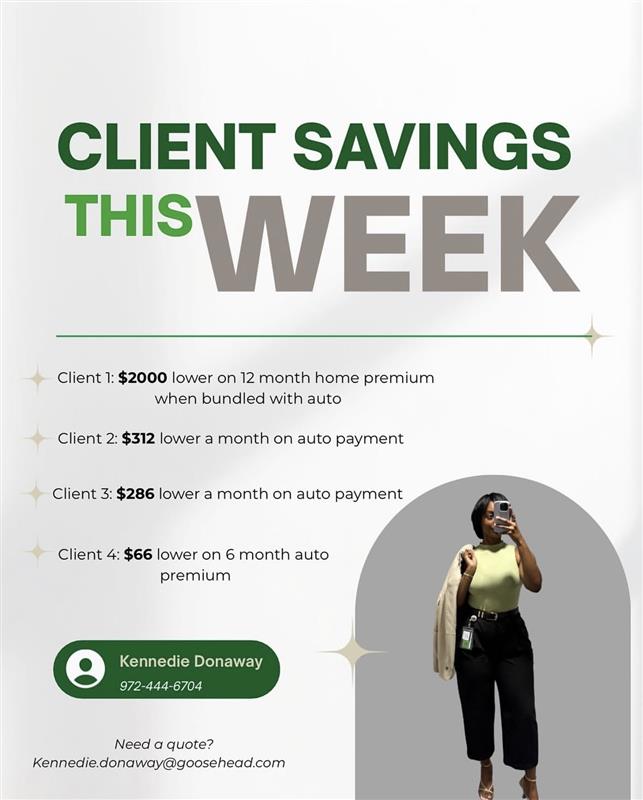 Promotional graphic with text about client savings this week, including four client examples and contact information.