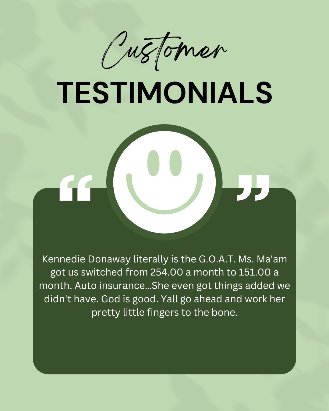 Customer testimonials page with a smiley face and a positive review about auto insurance.