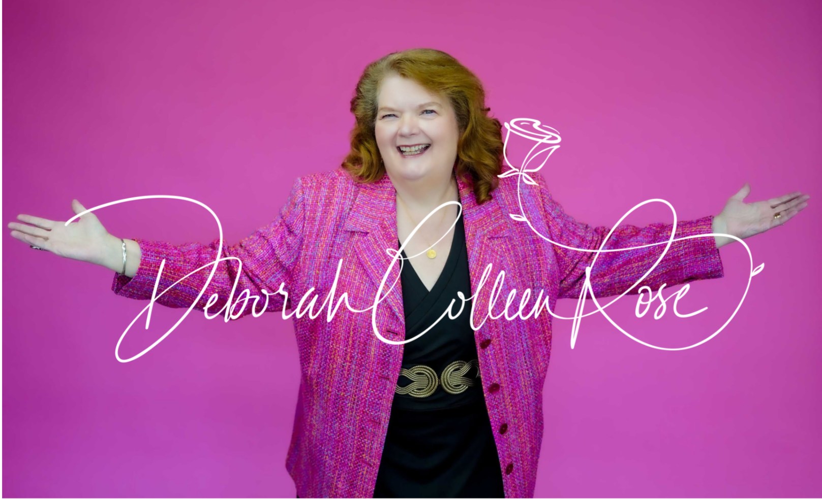 Woman with arms outstretched smiling in front of pink background with white signature overlay.