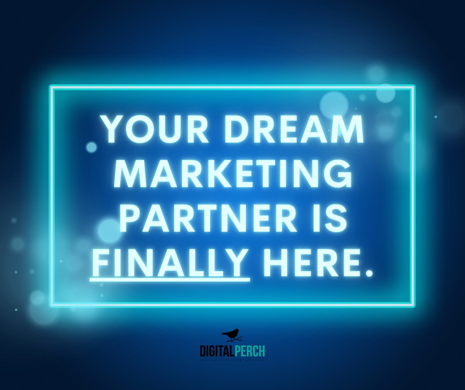 Bright neon sign with text about marketing partnership, glowing blue background, and a small logo at the bottom.
