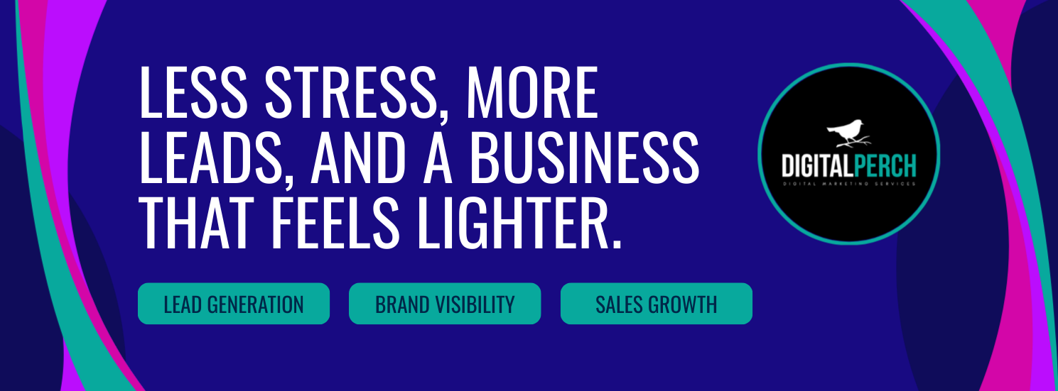 Text on a blue background promoting less stress, more leads, and a business that feels lighter.