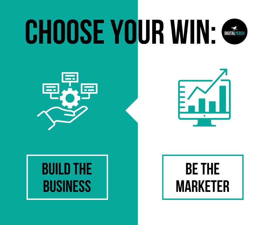Comparison of two options: build a business or be a marketer, with icons representing each choice.