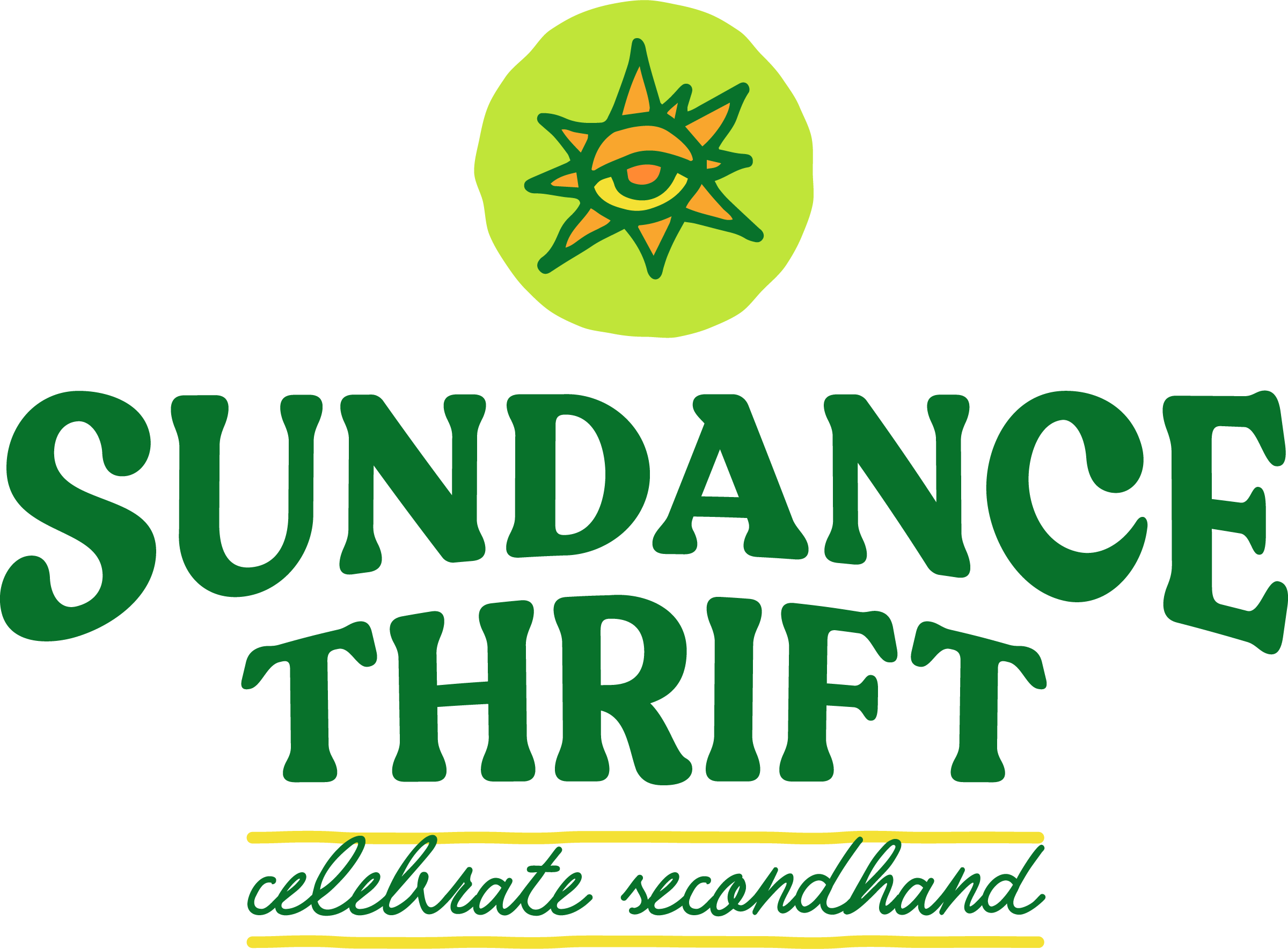 Sundance Thrift logo with a green eye and star symbol above the text, and a yellow underline with cursive writing.