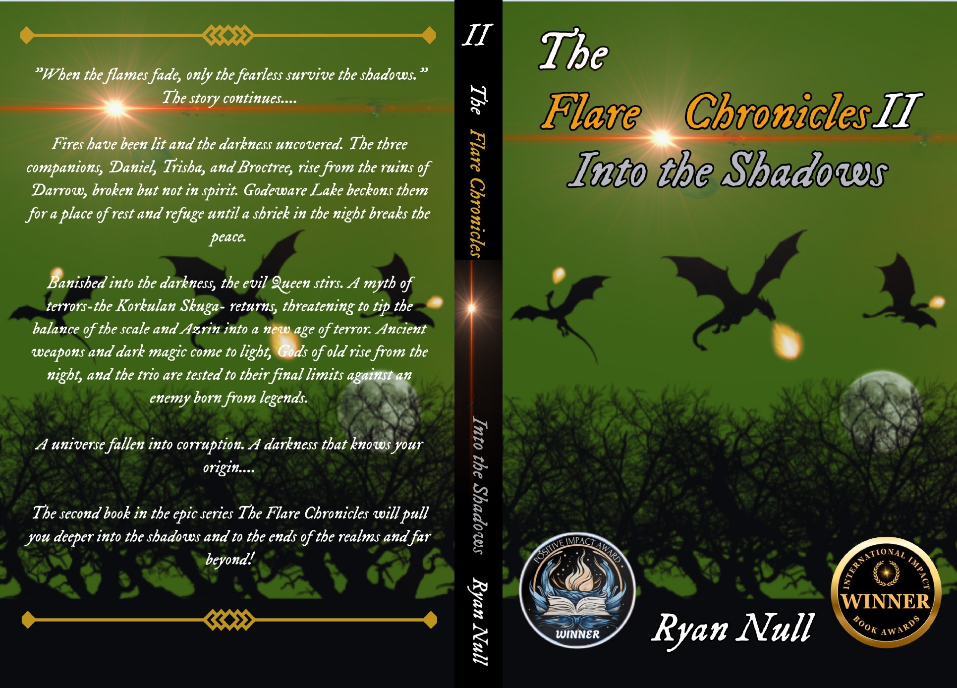 Book cover with flying bats, glowing orbs, and a dark green background with trees and grass.